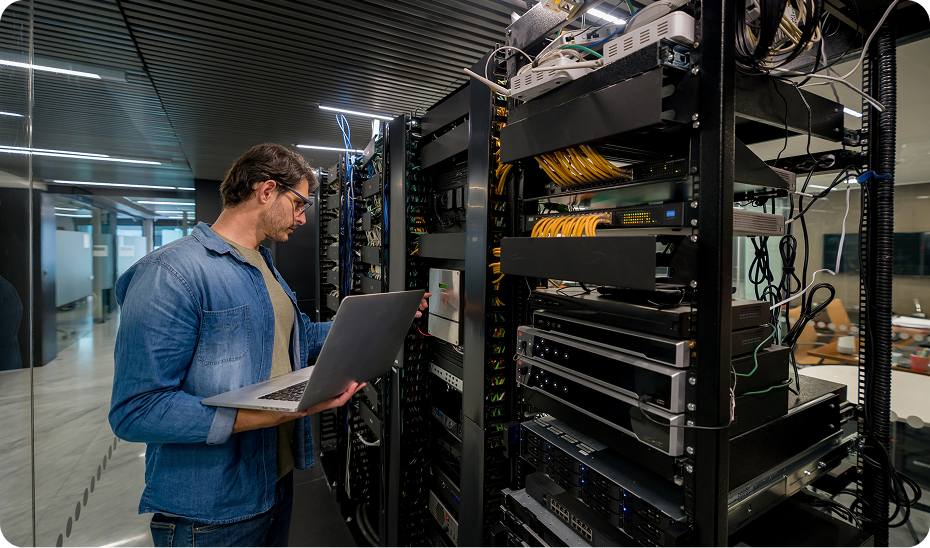 Technician working in server room